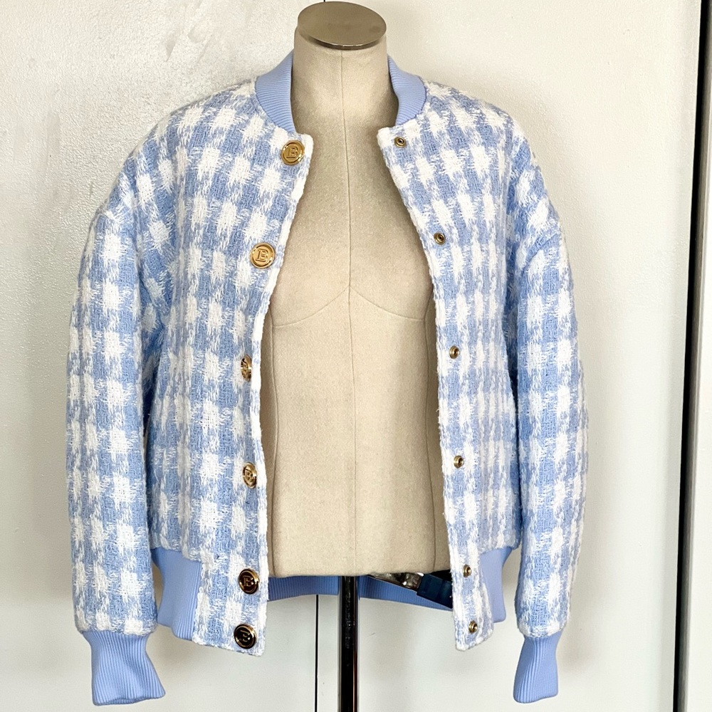 NWT Balmain Light Blue Tweed Bomber Jacket - Picture 4 of 12